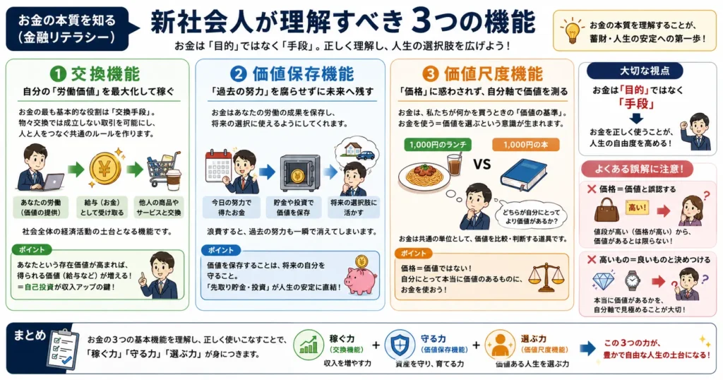 新社会人が理解すべきお金の3つの基本機能(交換機能・価値保存機能・価値尺度機能)の図解。労働価値の最大化、貯蓄・投資、自分軸での価値判断について解説。