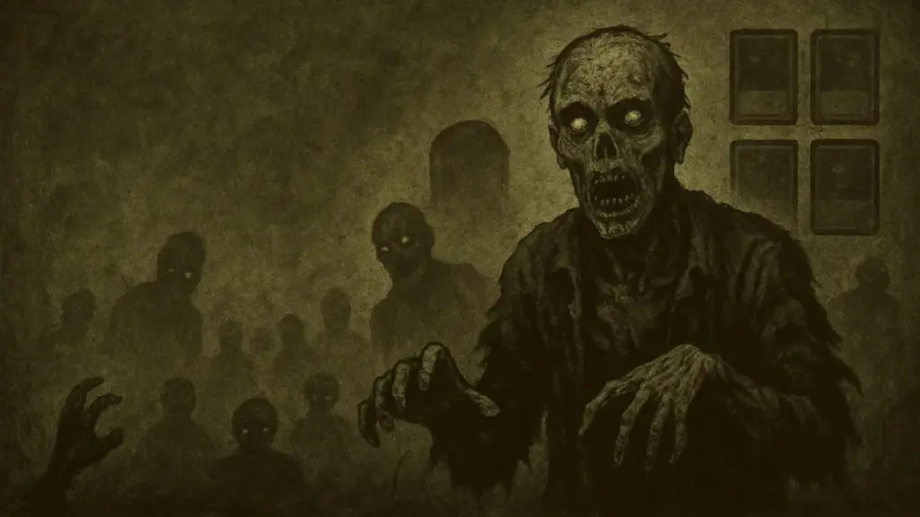 MTGのゾンビデッキを象徴する不気味なゾンビの群れと、最強カードを選ぶ「ゾンビ版パワー9」の選定をイメージしたイラスト