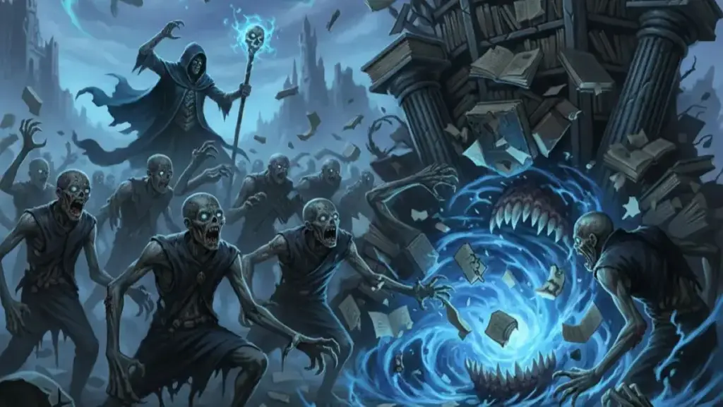 MTGの青黒ゾンビデッキのコンセプトアート。ネクロマンサーとゾンビの群れが、本棚と書物から構成された構造物を破壊し、ライブラリーを削り切る（ミル）イメージを表現。青と黒の呪文のようなエフェクトが特徴的。