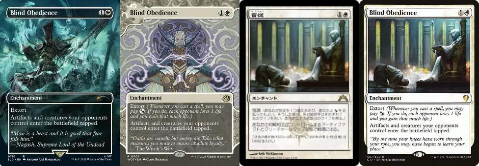 マジック：ザ・ギャザリングのエンチャント《盲従》（Blind Obedience）。複数の異なるイラスト（強請を持つ）が表示されており、白単ゾンビデッキでは相手のパーマネントをタップインさせゲームテンポを遅らせる役割を持つ。