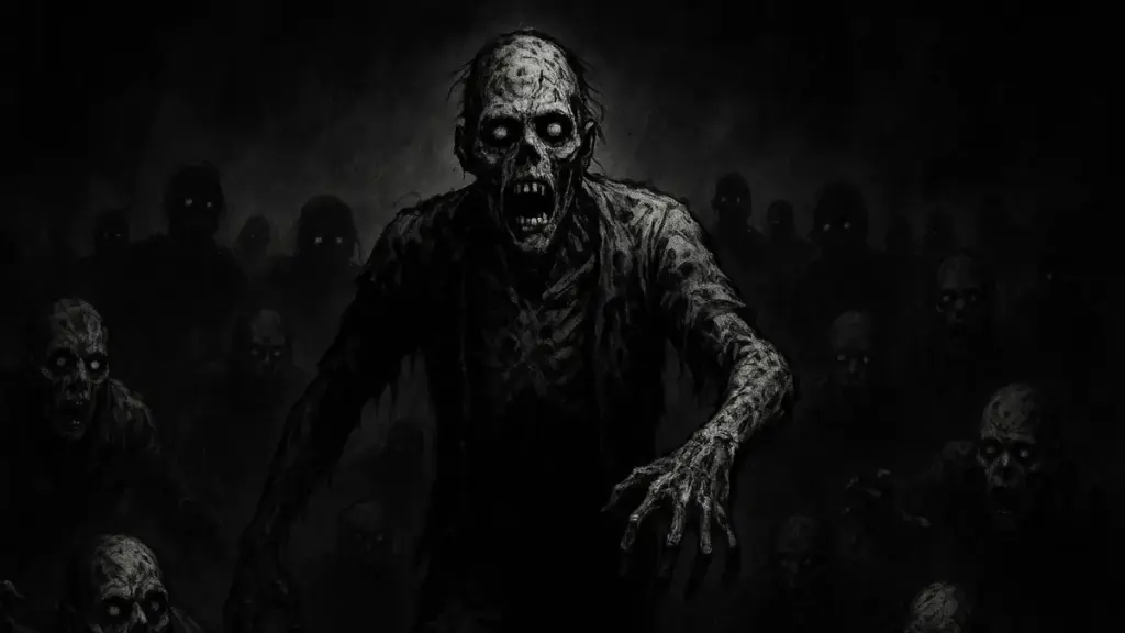 暗闇から現れるおぞましいゾンビの群れを描いたモノクロのイラスト。改良版「とにかく強いゾンビデッキ」のコンセプト「ゾンビが途絶えることなく湧き上がる」を表現。