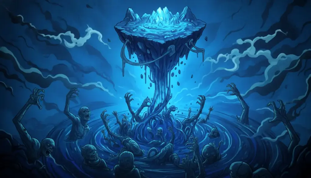 マジック・ザ・ギャザリングの青単色ゾンビデッキをイメージしたイラスト。青い魔力や水の源に向かい、水面から這い上がるスカーブ(青のゾンビ)の群れ。