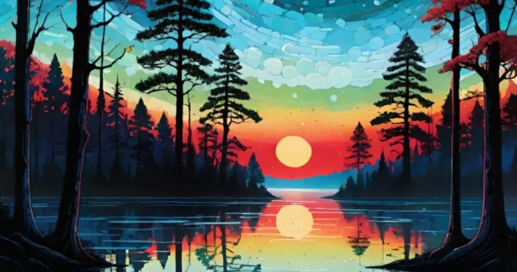 MTGモダン5色ゾンビデッキ「穢れた色彩感覚」のコンセプトアート。黒に染まりつつも色を取り戻そうとする世界観を表現した、極彩色で幻想的な森と湖の風景