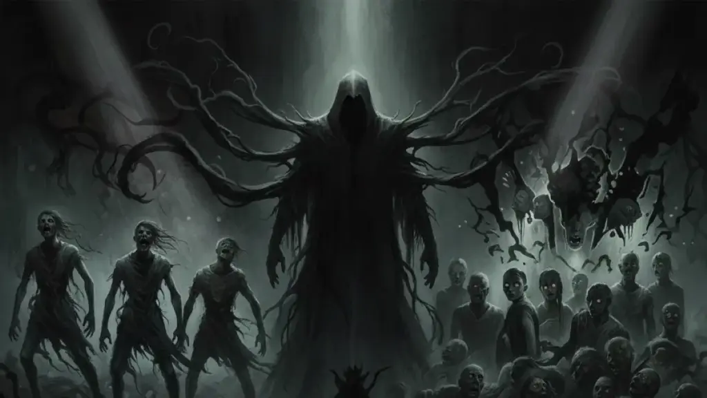 ゾンビと死神のような影、暗闇、絶望をテーマにした抽象的なホラーアート。