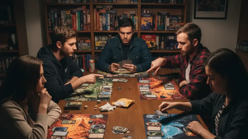 友人たちとテーブルを囲んで真剣に「Magic: The Gathering」のカードゲームを楽しむ大人5人の様子。背景にはボードゲームや書籍が並ぶ棚があり、自宅での趣味の時間を表現している。