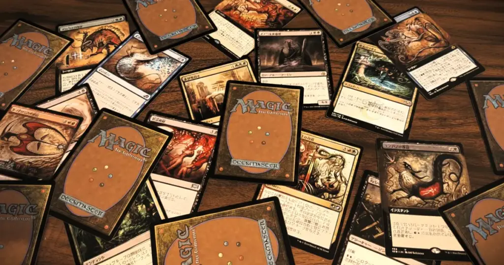 木製のテーブルに散りばめられた「Magic: The Gathering」のゲームカードのクローズアップ。表面の美しいイラストや日本語のテキストが確認できるものと、裏面が上になっているカードが混在しており、MTGアートの多様な魅力を表現している。