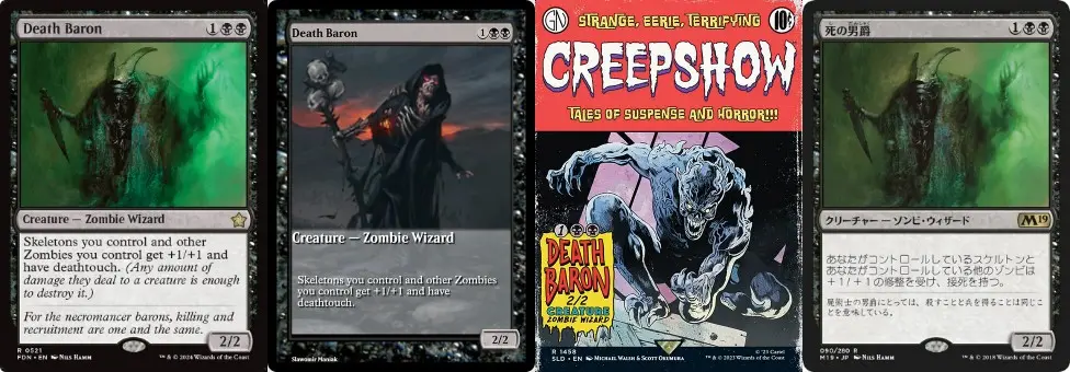 マジック：ザ・ギャザリングの黒のクリーチャー「戦墓のグール（Diregraf Ghoul）」のイラスト比較。左から『ファウンデーションズ』版、歴代のアート版、基本セット2019日本語版。1マナ2/2でタップ状態で戦場に出る能力を持つ。