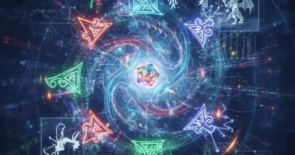 青い背景に光るエレクトロニクスとサイバーパンク風の要素を持つ抽象的なデザイン。中央には渦巻くエネルギーと多面体のダイスが浮かび、周囲にはMTGの5色を連想させるネオンカラーのルーンと、クリーチャーの設計図のような線画が配置され、ゲームの複雑な戦略とロジックを表現している。