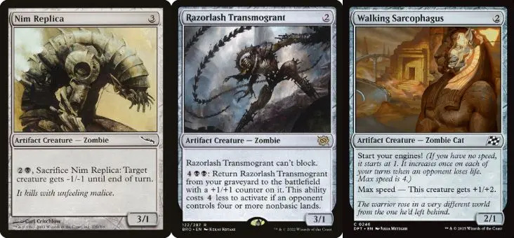 MTGの茶単ゾンビデッキで採用されるアーティファクト・クリーチャー3種。マイナス修正能力を持つ《屍賊の模造品/Nim Replica》、墓地から戻る《剃刀鞭の人体改造機/Razorlash Transmogrant》、エンジン能力を持つ《歩く石棺/Walking Sarcophagus》。
