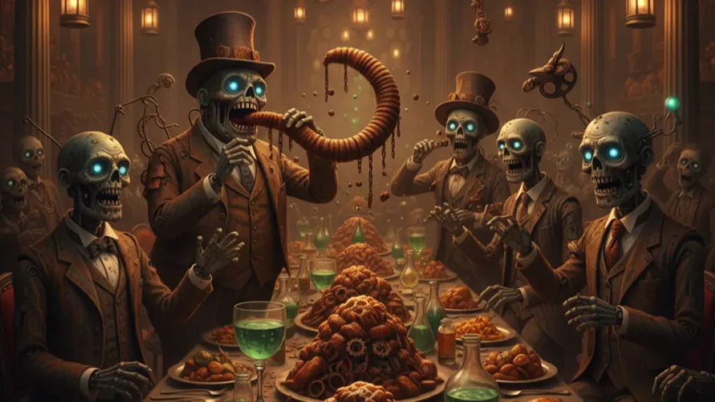 豪華な礼服を着たアーティファクト・ゾンビたちが、山盛りの料理を囲んで楽しそうに宴会をしている様子。シナジーはなくとも共鳴し合う、賑やかで少し不気味なパーティーの風景。