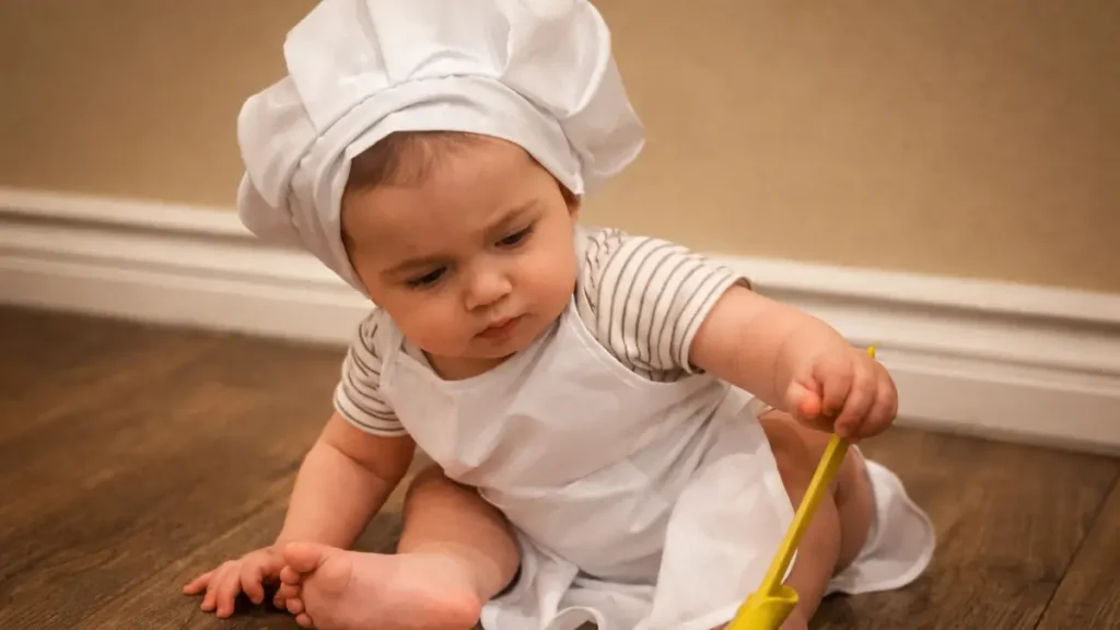 エプロンを身に着けた赤ちゃんのイメージ写真。離乳食で服を汚さないための最強フル装備グッズを解説。