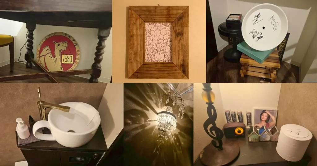 自由が丘「喫茶二十世紀」の店内インテリアをまとめたコラージュ。コーヒーカップ型の洗面台、ヴィンテージな看板、直筆サインなど、レトロなこだわりが詰まった内装。