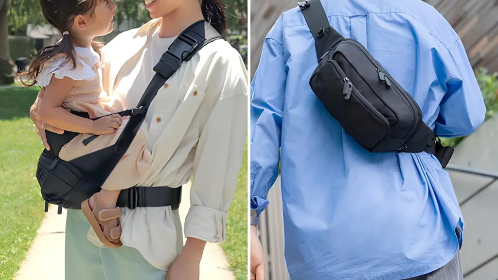 ダッコバッグ ハグプラスの着用イメージ(左:子供を乗せたヒップシートスタイル、右:パパが背負うショルダーバッグスタイル)