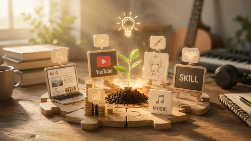 人的資本の運用術を示すイメージ図。ブログ、YouTube、スキル、音楽などの複数の能力をパズルのように組み合わせ、中央で自分という資産（芽）を育てていく様子